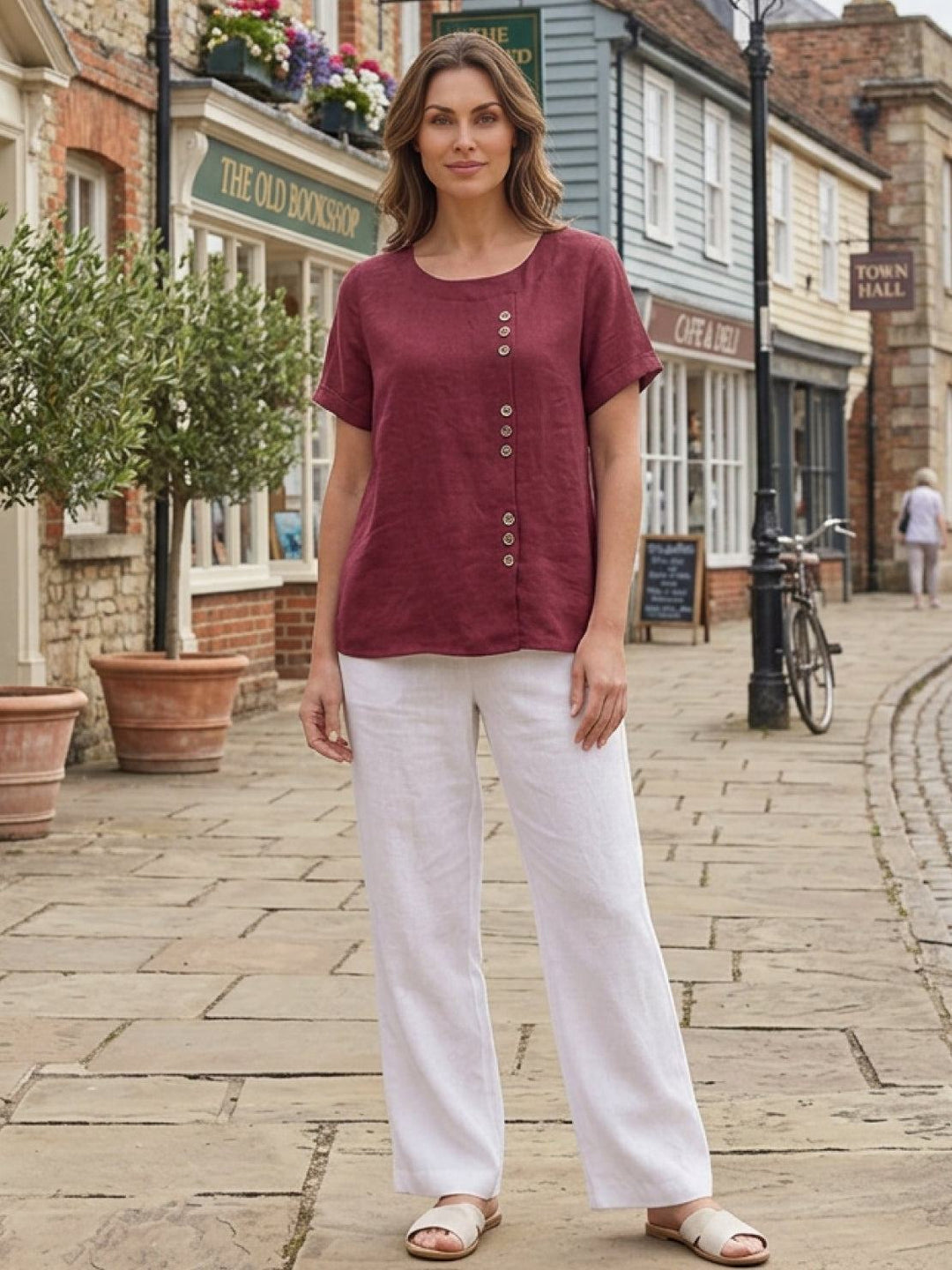 Simone | Side Button Detail Short Sleeve Linen Blouse