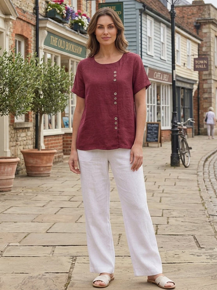Simone | Side Button Detail Short Sleeve Linen Blouse