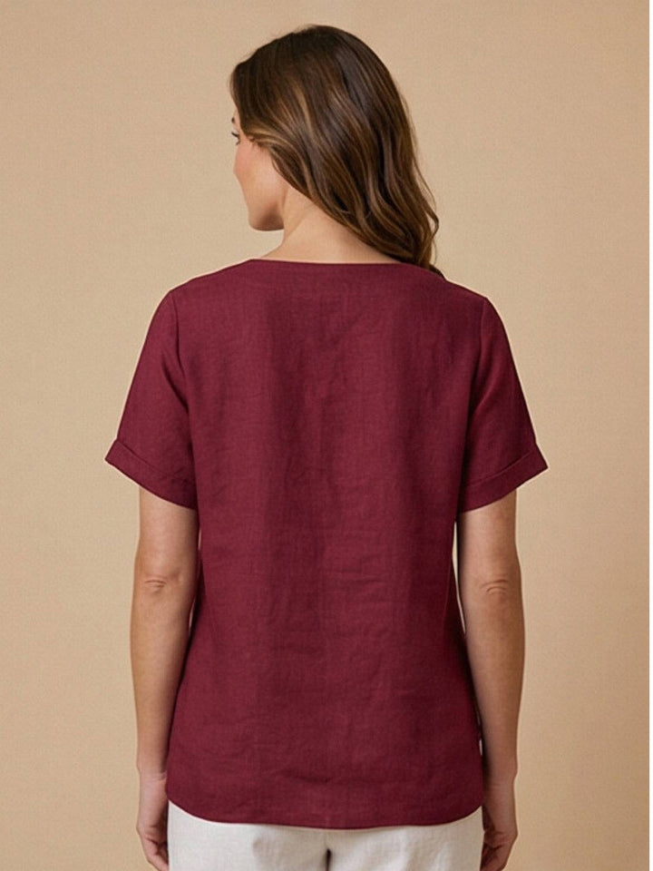 Simone | Side Button Detail Short Sleeve Linen Blouse