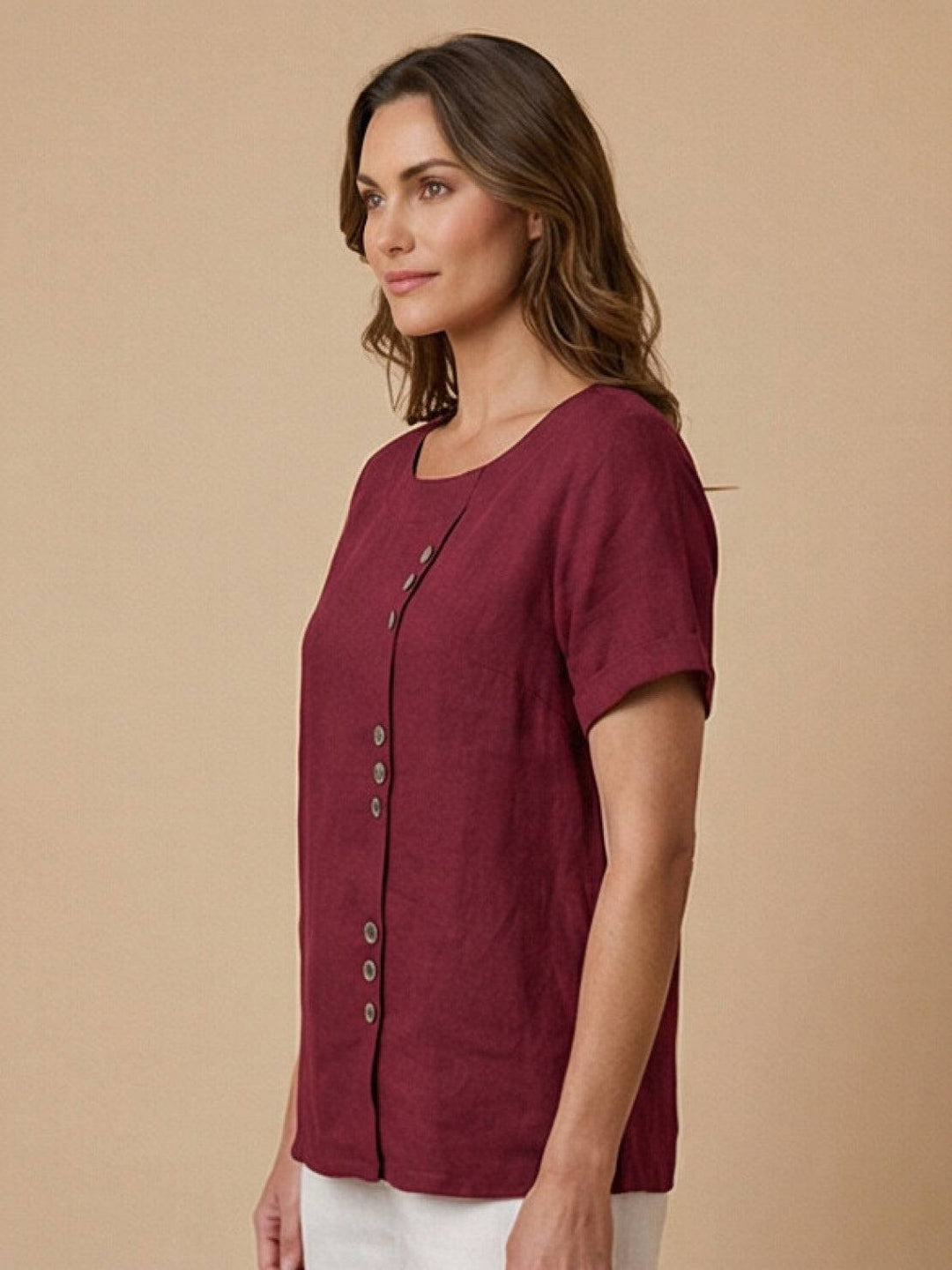 Simone | Side Button Detail Short Sleeve Linen Blouse