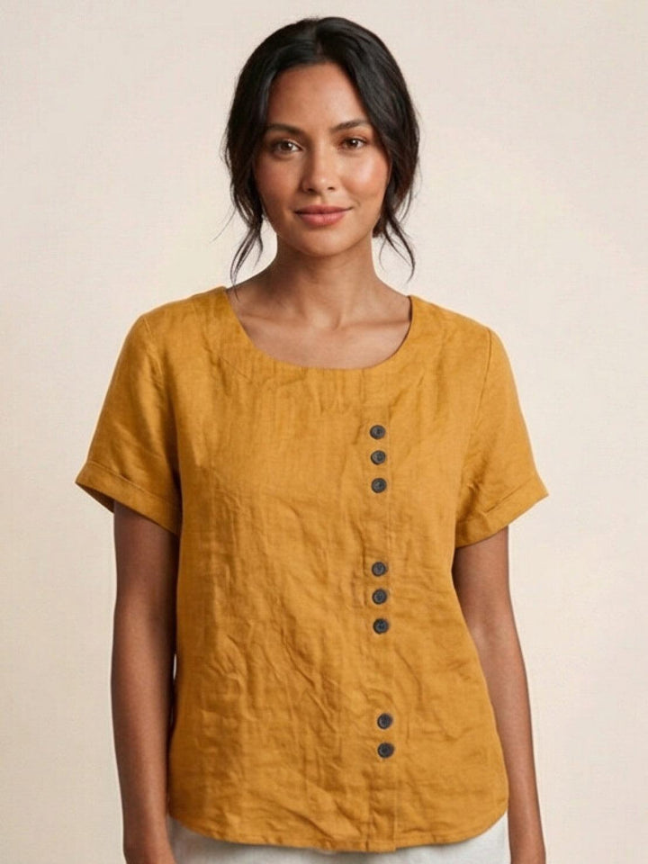 Simone | Side Button Detail Short Sleeve Linen Blouse