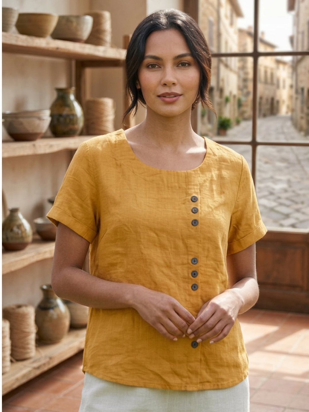 Simone | Side Button Detail Short Sleeve Linen Blouse