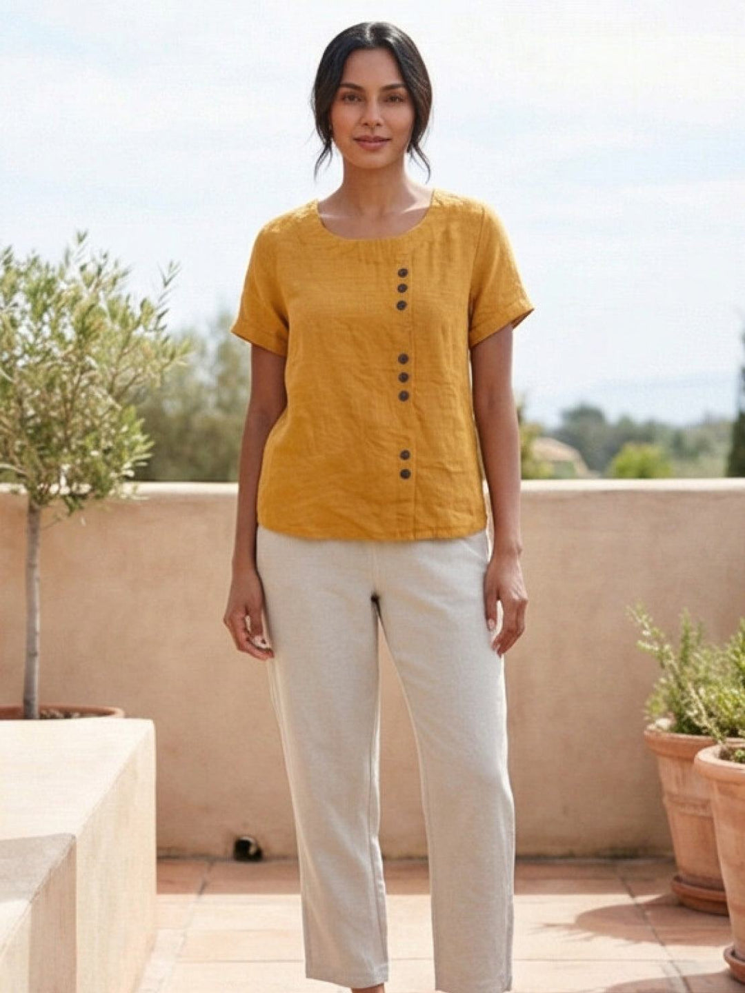 Simone | Side Button Detail Short Sleeve Linen Blouse