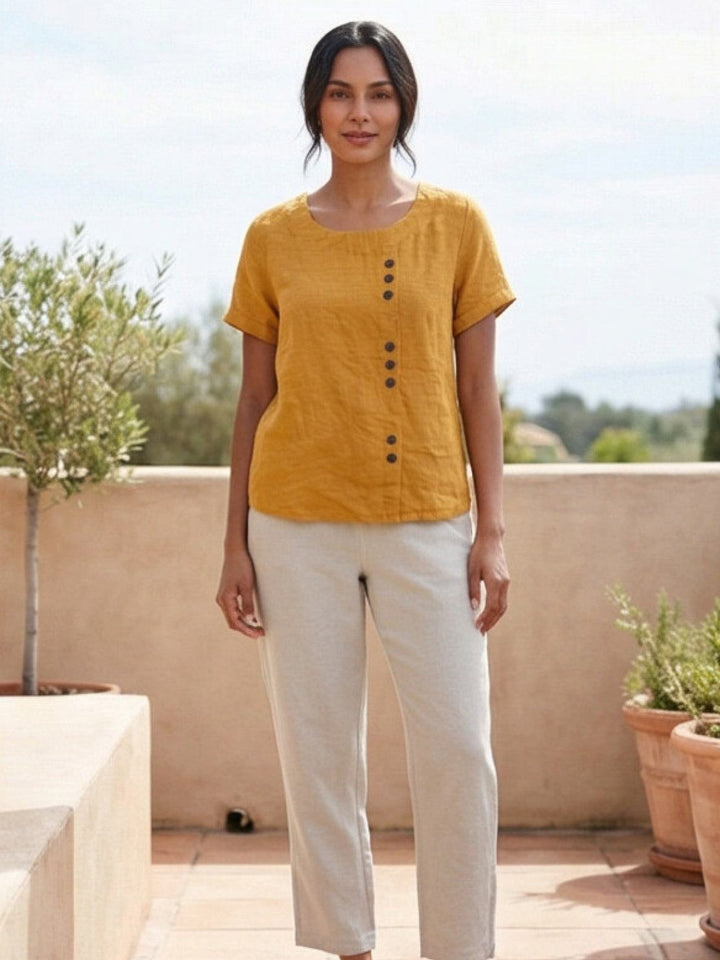 Simone | Side Button Detail Short Sleeve Linen Blouse