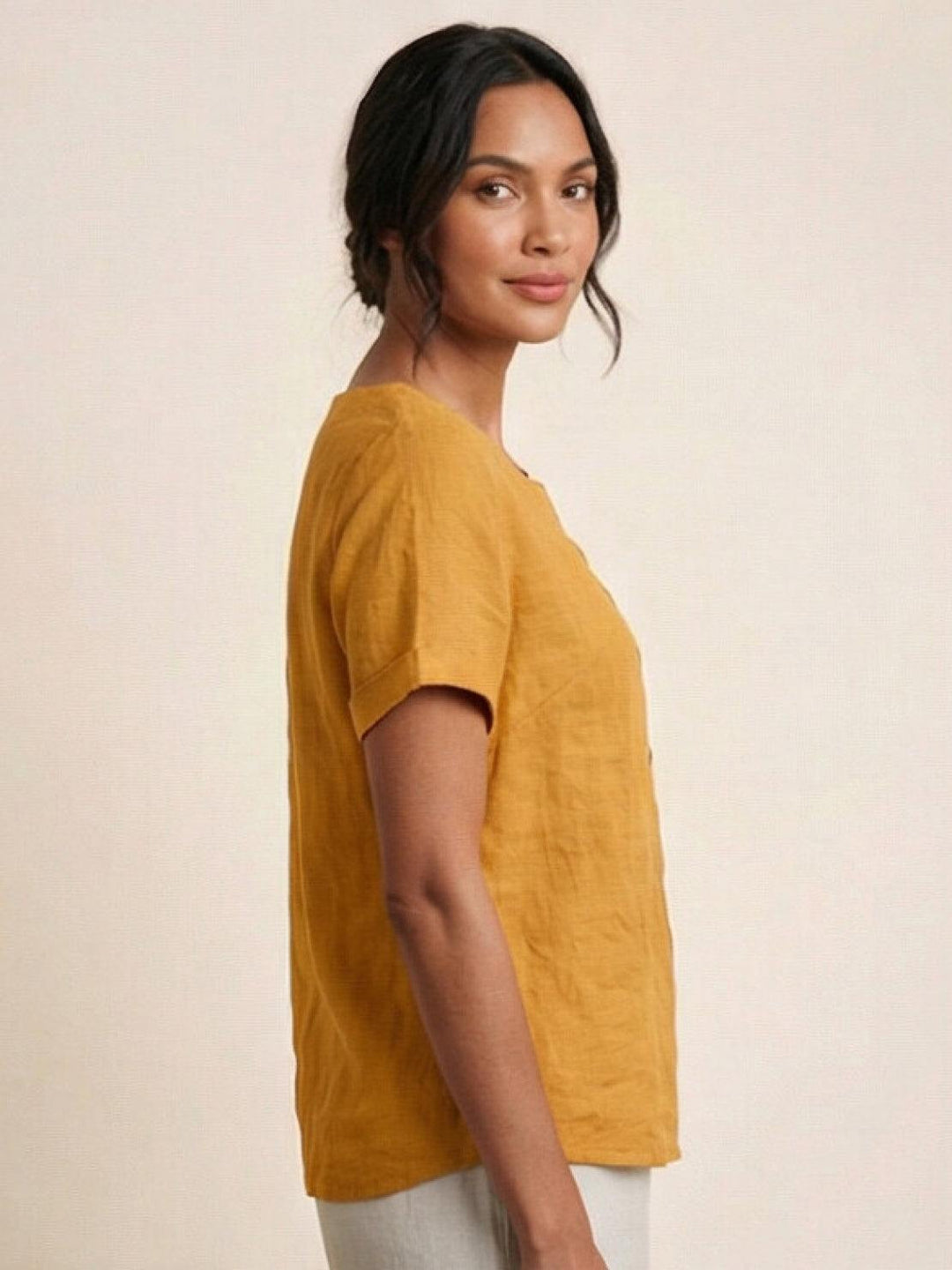 Simone | Side Button Detail Short Sleeve Linen Blouse