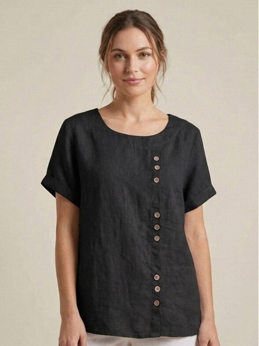 Simone | Side Button Detail Short Sleeve Linen Blouse