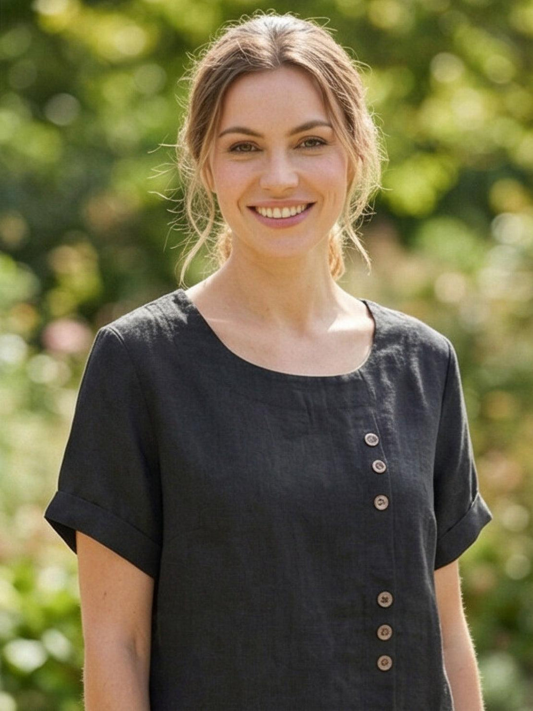 Simone | Side Button Detail Short Sleeve Linen Blouse