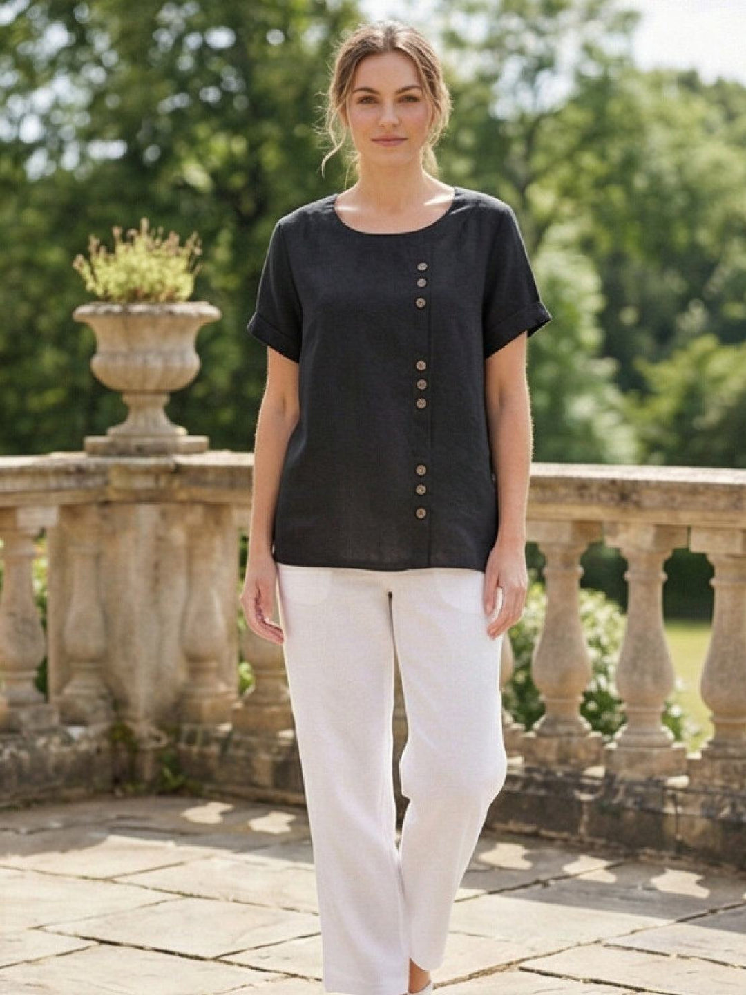 Simone | Side Button Detail Short Sleeve Linen Blouse