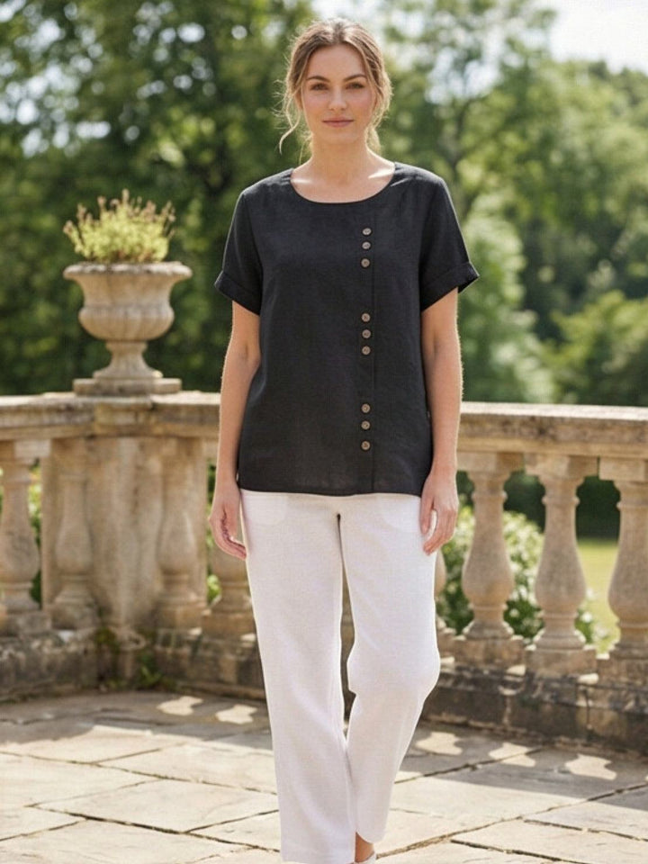 Simone | Side Button Detail Short Sleeve Linen Blouse