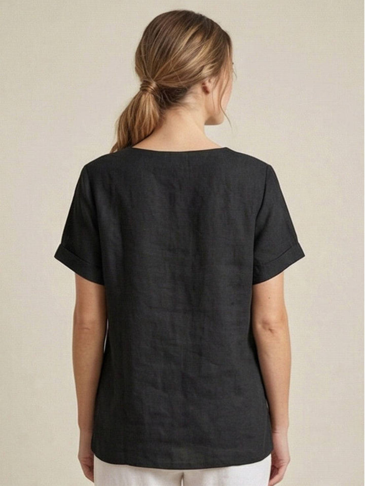 Simone | Side Button Detail Short Sleeve Linen Blouse