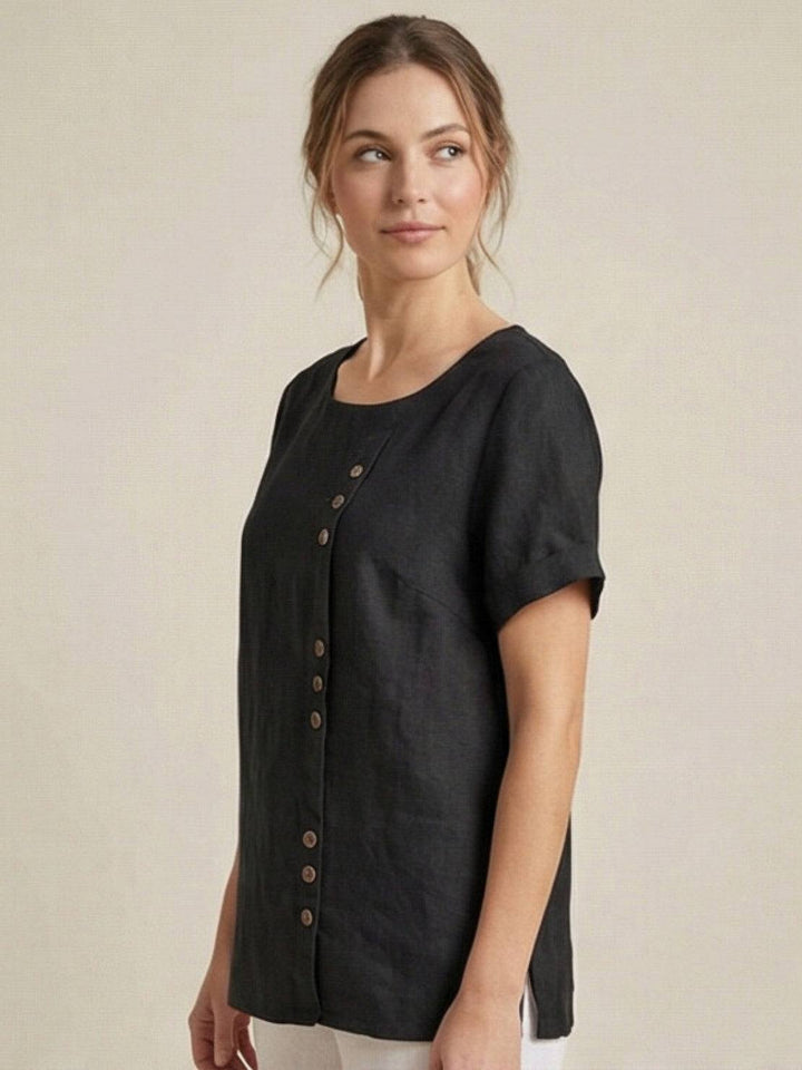 Simone | Side Button Detail Short Sleeve Linen Blouse