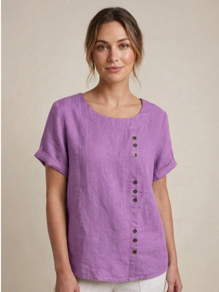 Simone | Side Button Detail Short Sleeve Linen Blouse