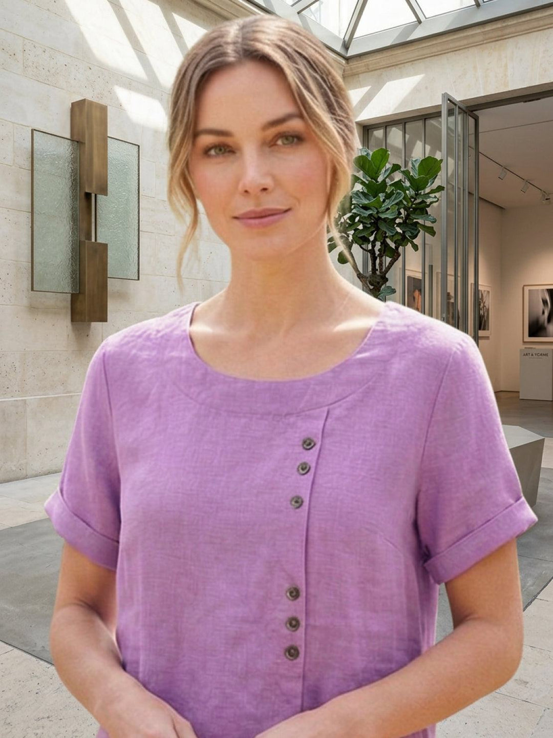 Simone | Side Button Detail Short Sleeve Linen Blouse
