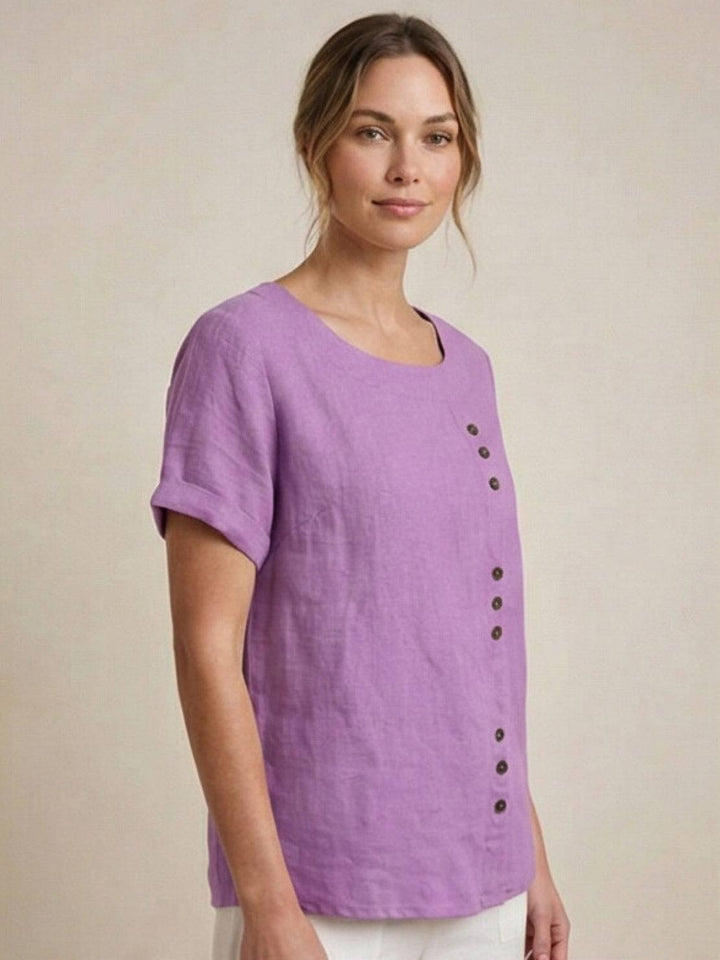 Simone | Side Button Detail Short Sleeve Linen Blouse