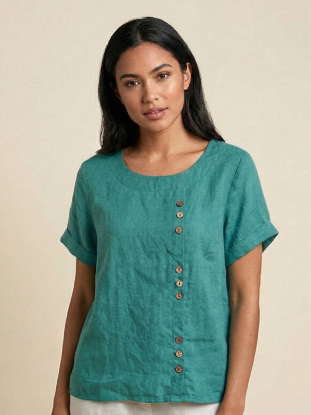 Simone | Side Button Detail Short Sleeve Linen Blouse