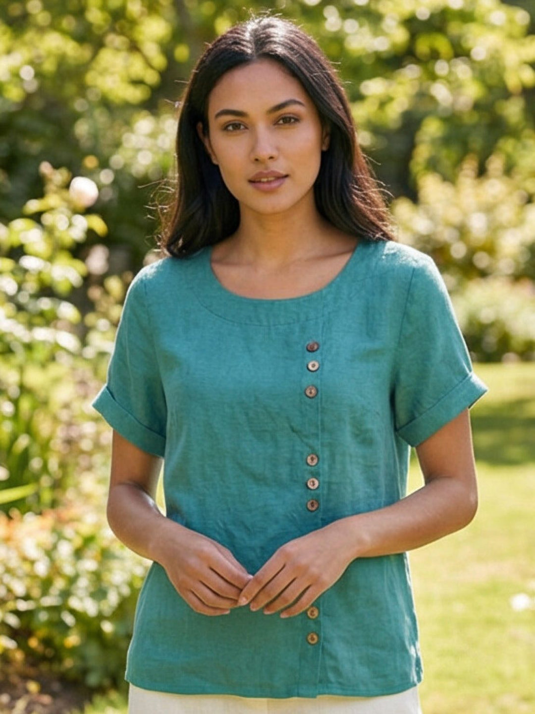 Simone | Side Button Detail Short Sleeve Linen Blouse