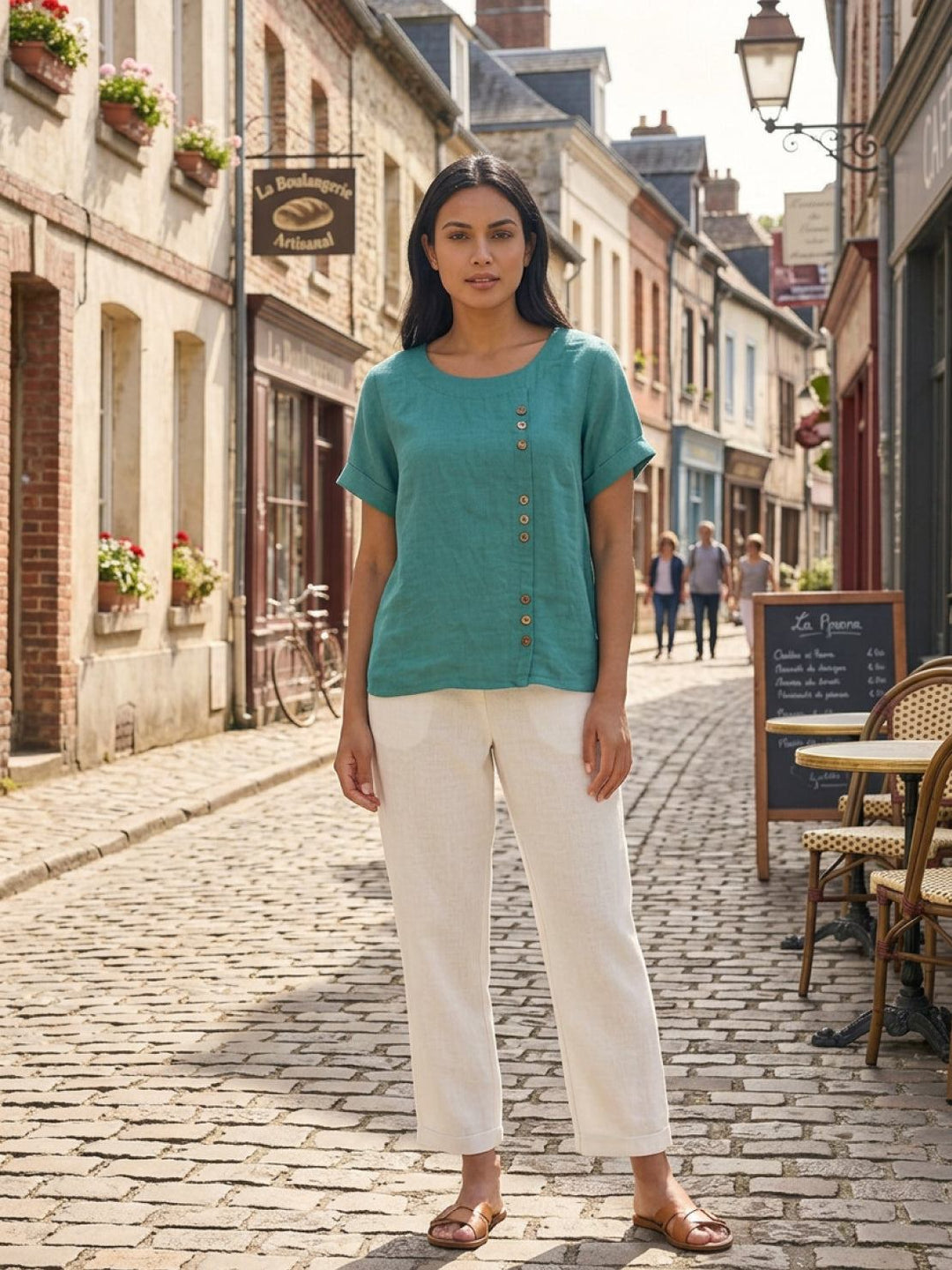 Simone | Side Button Detail Short Sleeve Linen Blouse