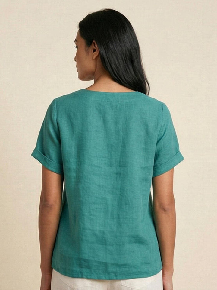 Simone | Side Button Detail Short Sleeve Linen Blouse