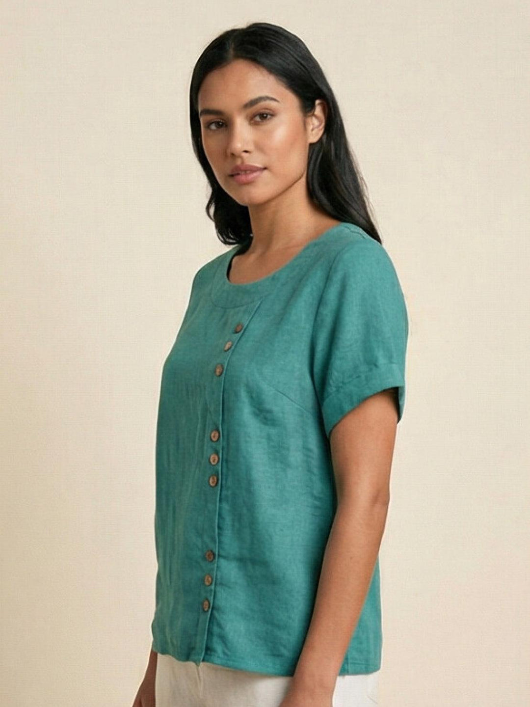 Simone | Side Button Detail Short Sleeve Linen Blouse