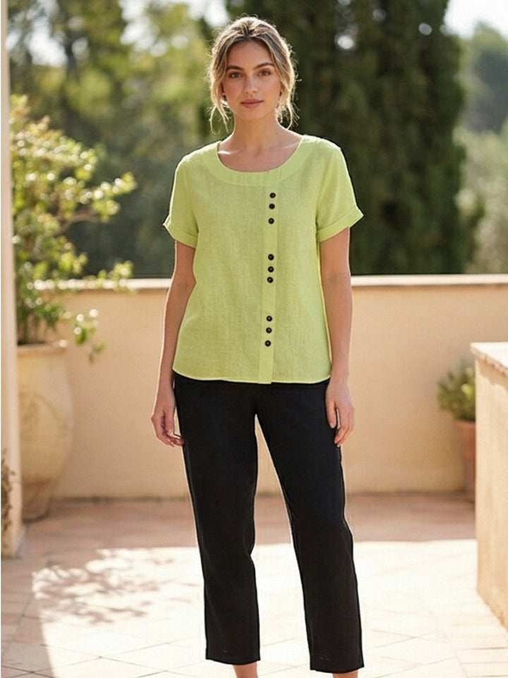 Simone | Side Button Detail Short Sleeve Linen Blouse