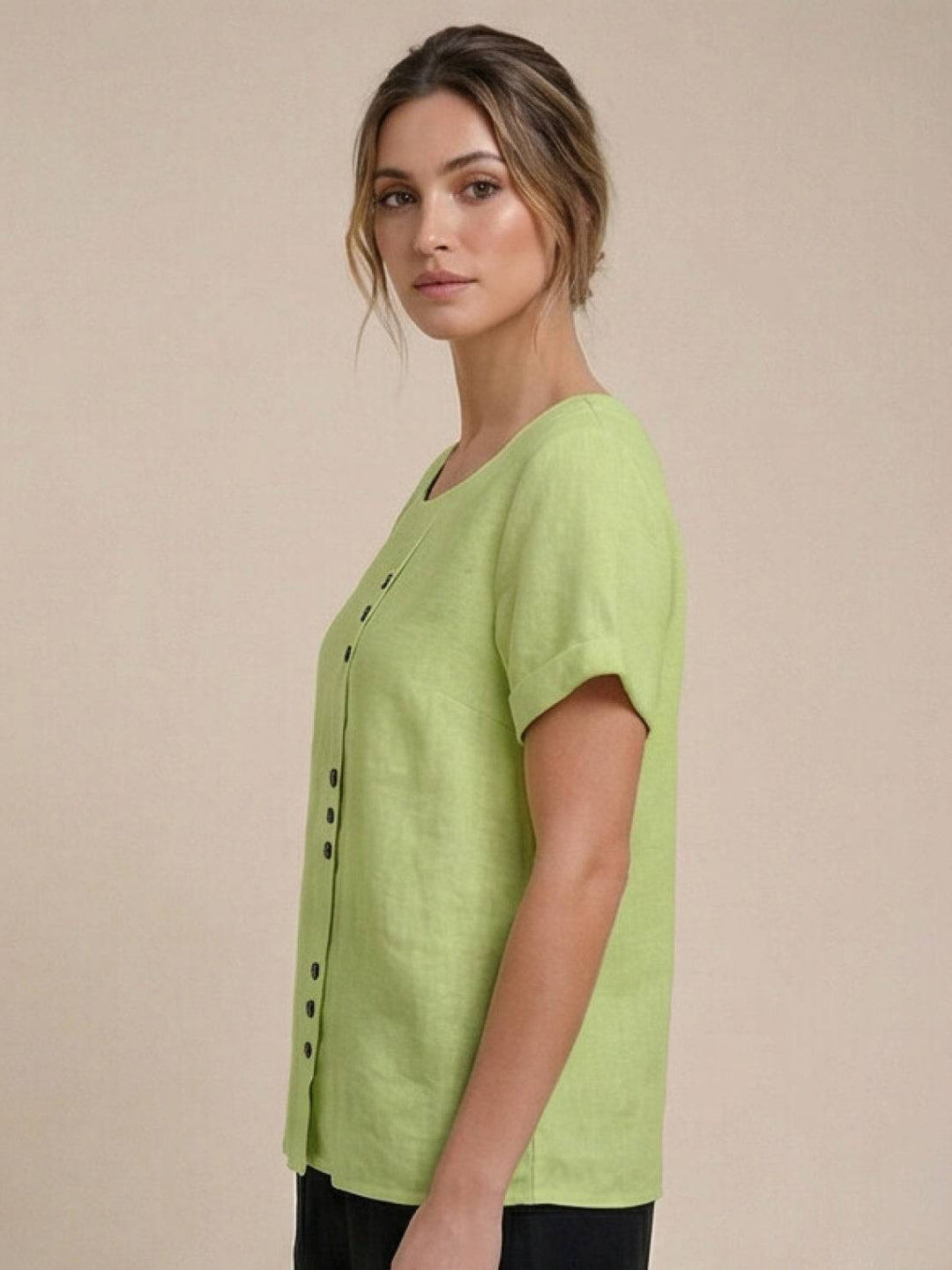 Simone | Side Button Detail Short Sleeve Linen Blouse