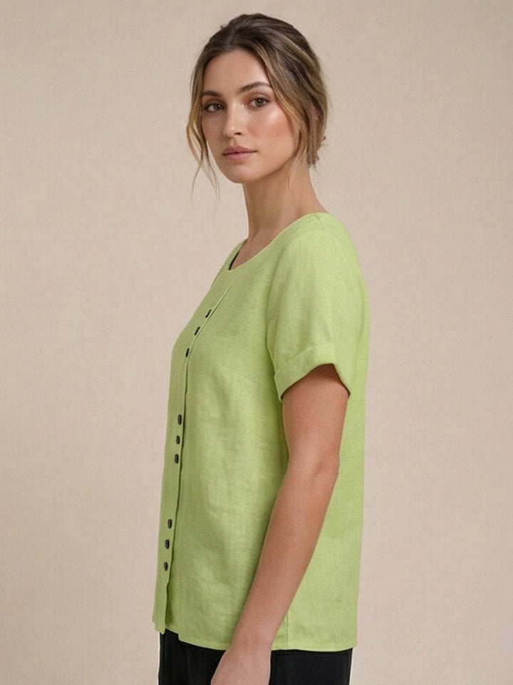 Simone | Side Button Detail Short Sleeve Linen Blouse