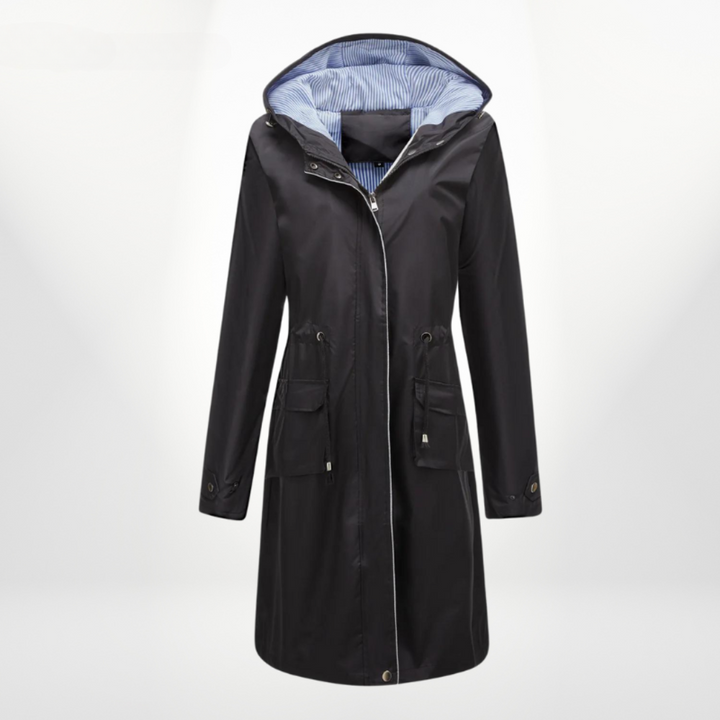 Petronella | Women's Knee-Length Hooded Waterproof Coat – Drawstring Waist Design