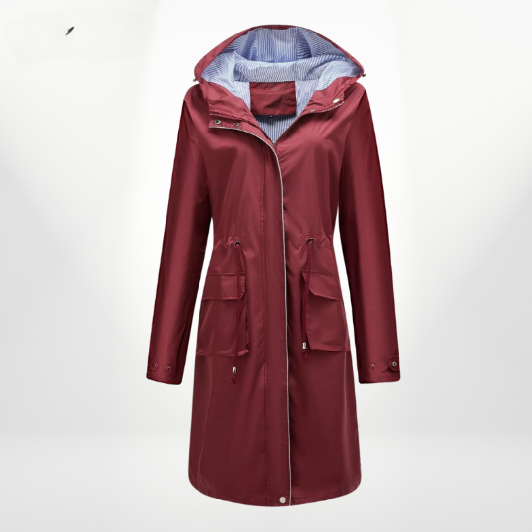 Petronella | Women's Knee-Length Hooded Waterproof Coat – Drawstring Waist Design
