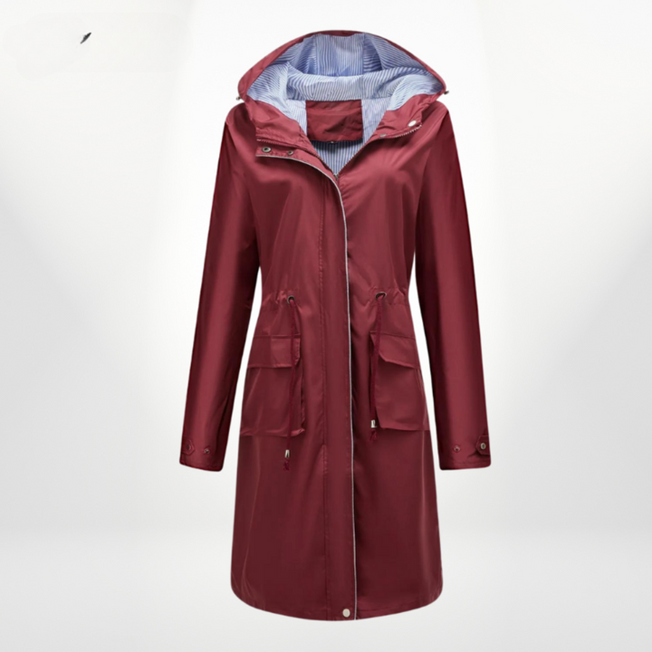 Petronella | Women's Knee-Length Hooded Waterproof Coat – Drawstring Waist Design