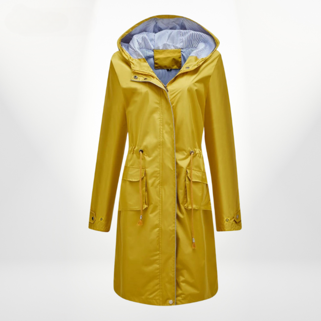 Petronella | Women's Knee-Length Hooded Waterproof Coat – Drawstring Waist Design