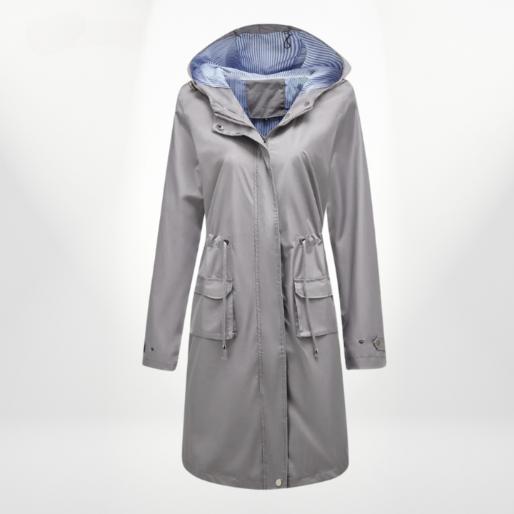 Petronella | Women's Knee-Length Hooded Waterproof Coat – Drawstring Waist Design