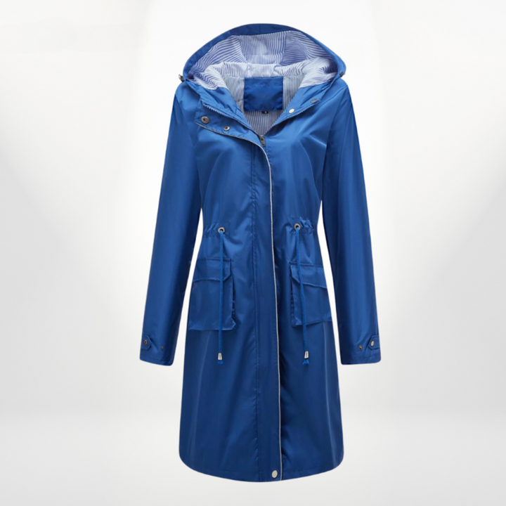 Petronella | Women's Knee-Length Hooded Waterproof Coat – Drawstring Waist Design
