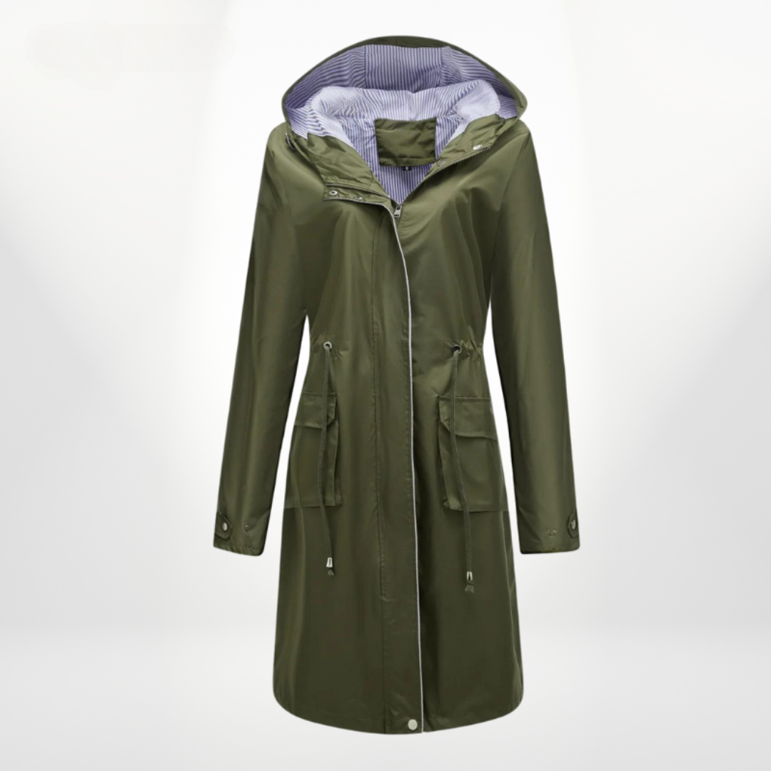 Petronella | Women's Knee-Length Hooded Waterproof Coat – Drawstring Waist Design