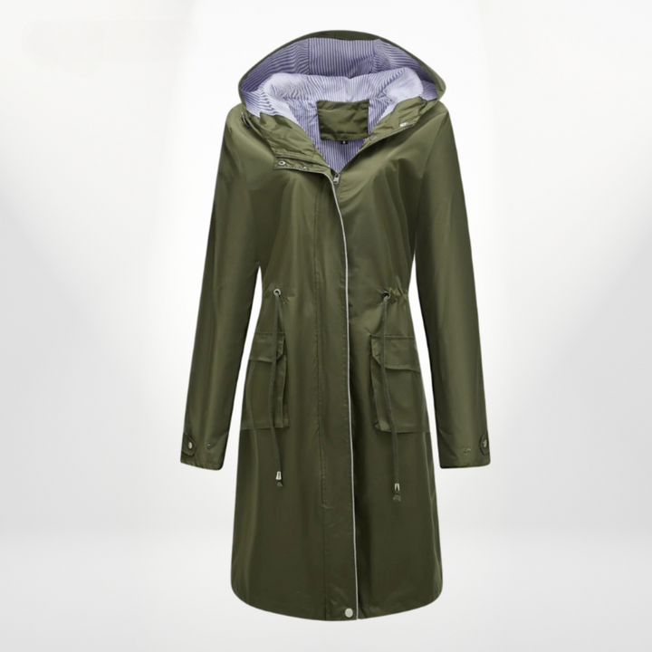 Petronella | Women's Knee-Length Hooded Waterproof Coat – Drawstring Waist Design