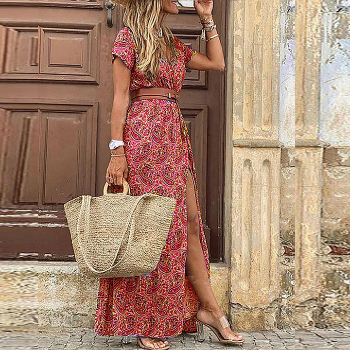 Camille | Floral Wrap V-Neck Boho Dress with Side Split