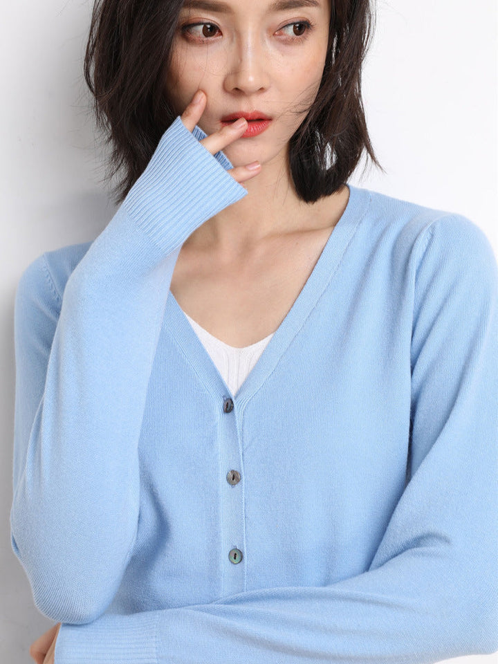 Genevieve | Women's V-Neck Button-Front Cardigan – Fitted Long Sleeve Design