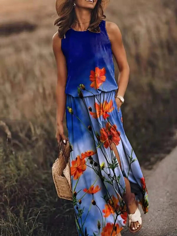 Isolde | Women's Sleeveless Floral Print Summer Dress with Side Slit