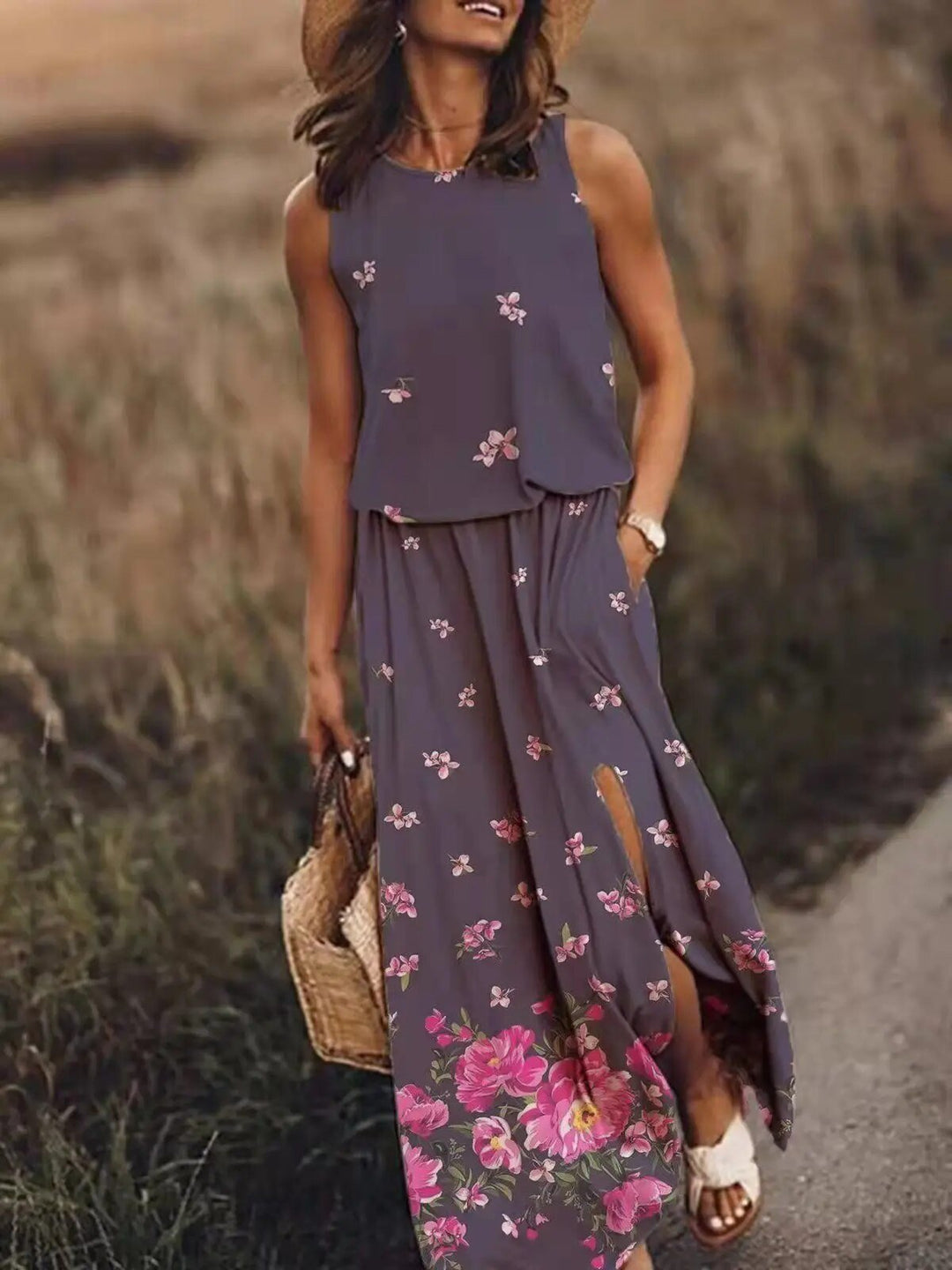 Isolde | Women's Sleeveless Floral Print Summer Dress with Side Slit