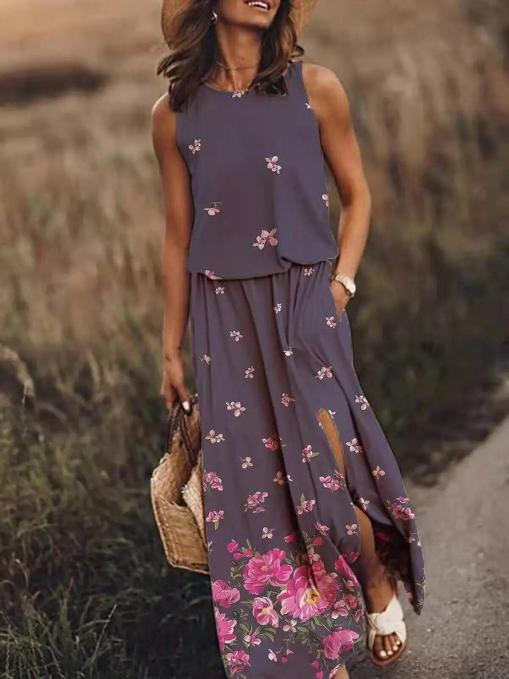 Isolde | Women's Sleeveless Floral Print Summer Dress with Side Slit