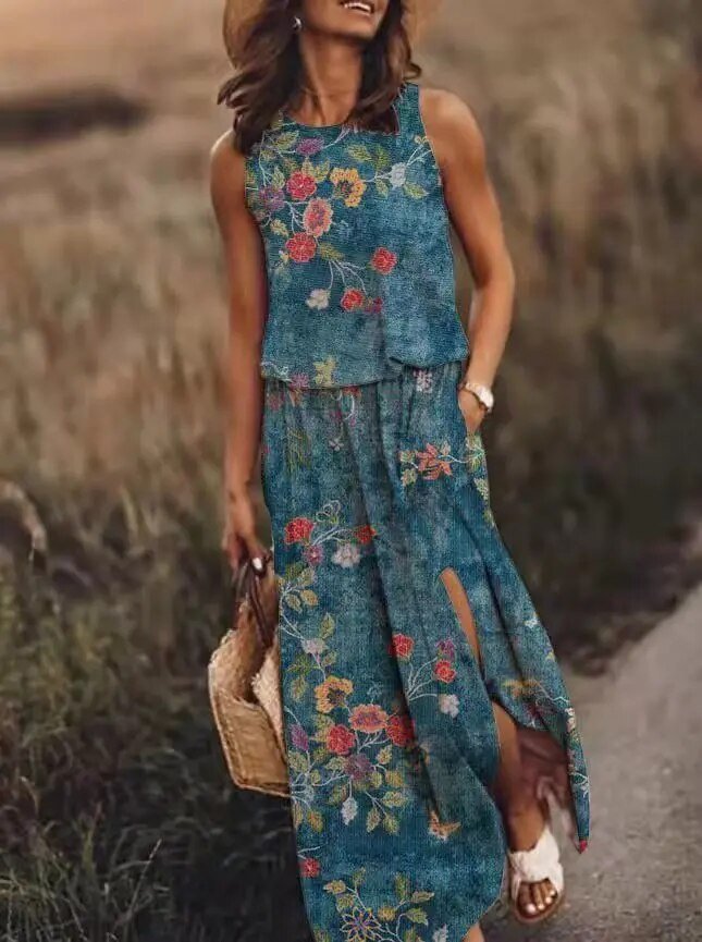 Isolde | Women's Sleeveless Floral Print Summer Dress with Side Slit