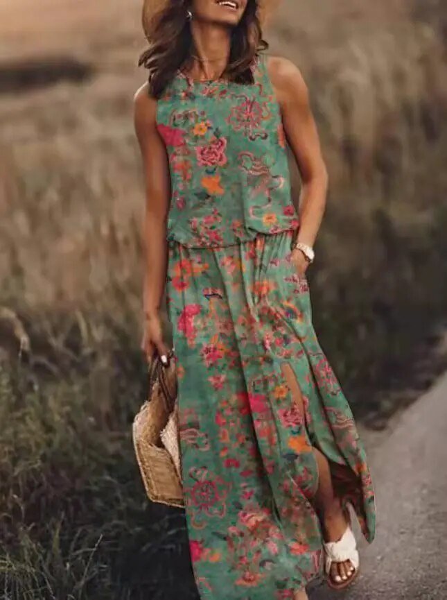 Isolde | Women's Sleeveless Floral Print Summer Dress with Side Slit