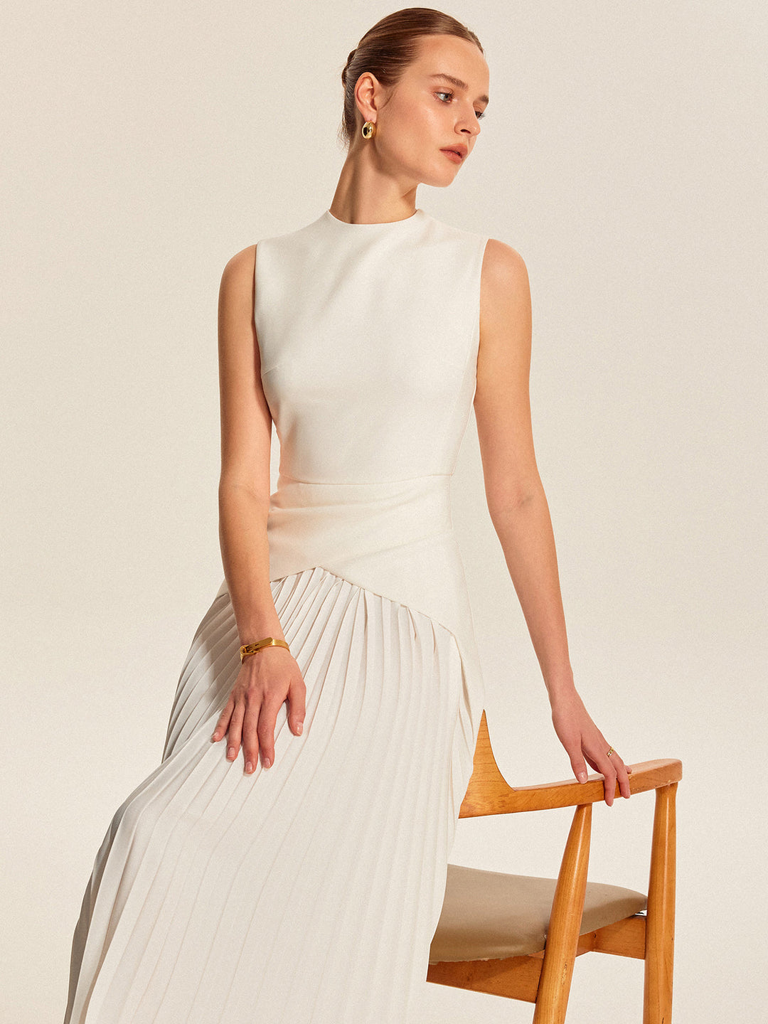 Estelle | Mock Neck Asymmetric Womens Pleated Midi Dress