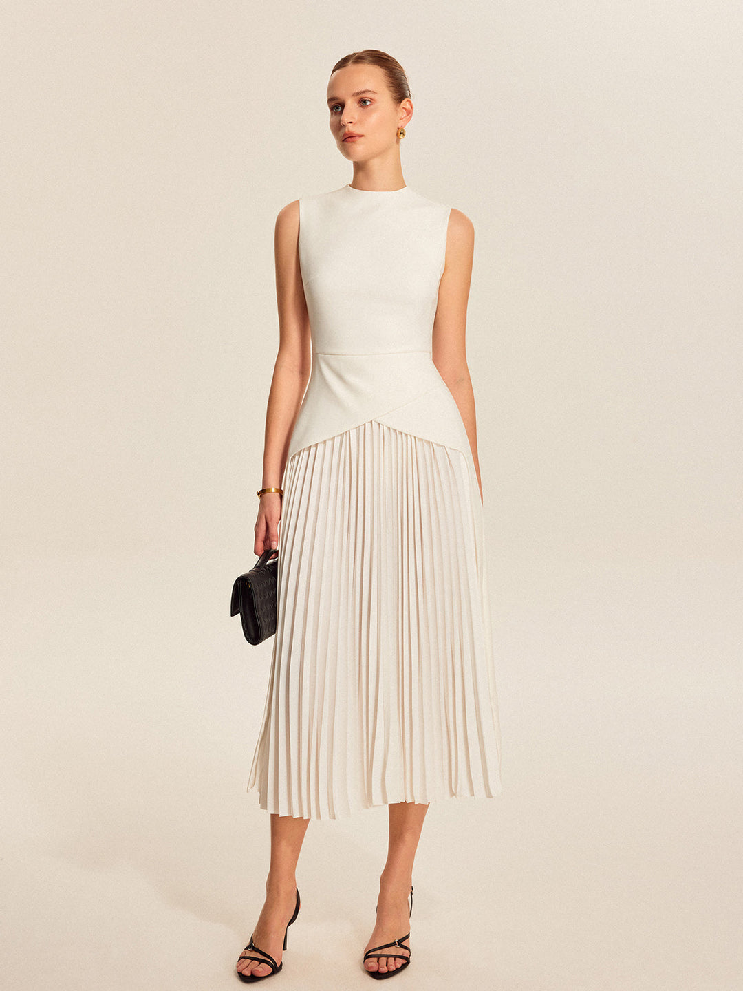 Estelle | Mock Neck Asymmetric Womens Pleated Midi Dress
