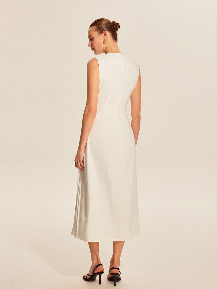 Estelle | Mock Neck Asymmetric Womens Pleated Midi Dress