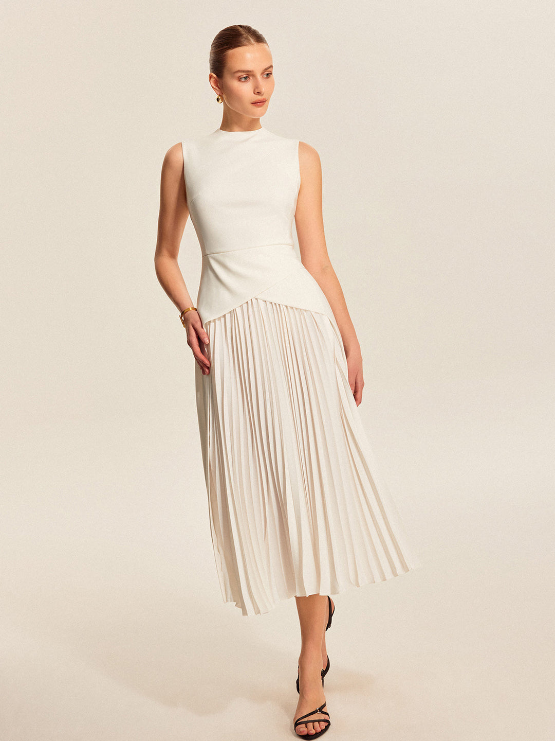 Estelle | Mock Neck Asymmetric Womens Pleated Midi Dress