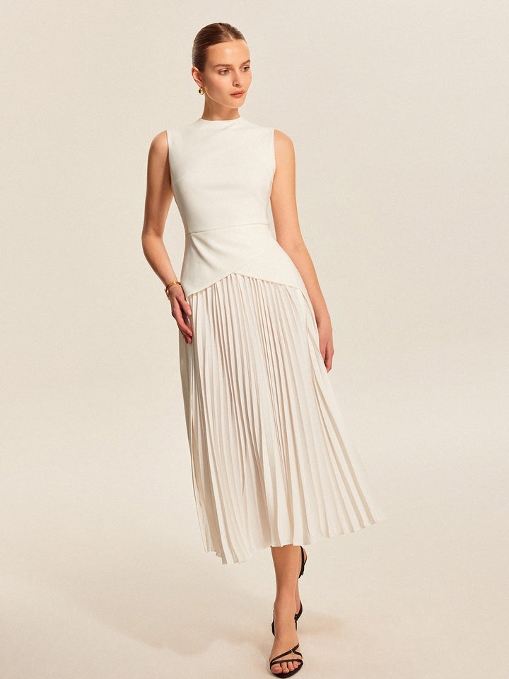 Estelle | Mock Neck Asymmetric Womens Pleated Midi Dress