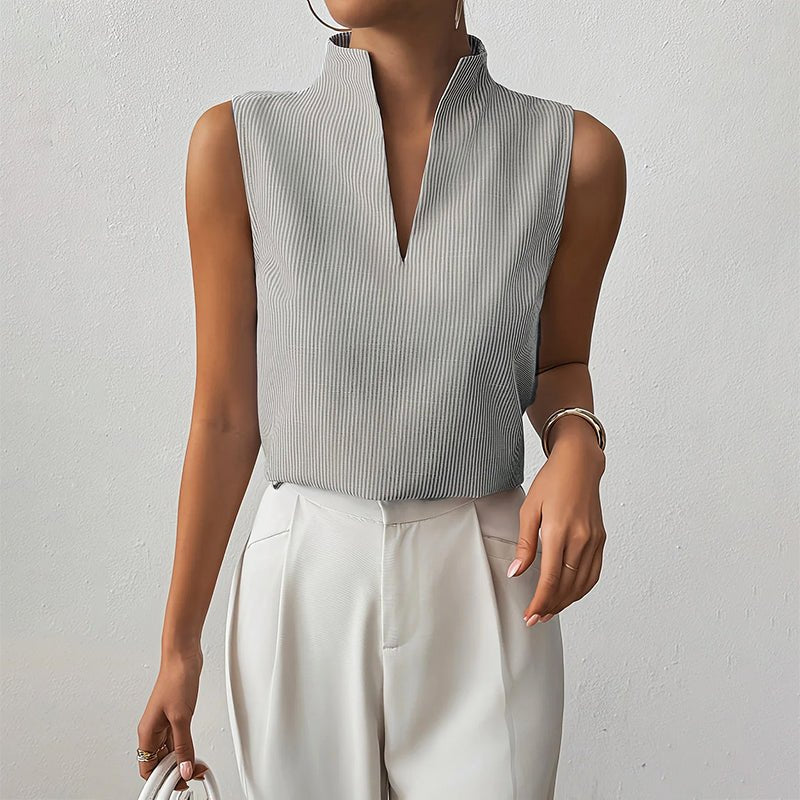 Ines | Women's Sleeveless Blouse with Plissé Split Mock-Neck Design