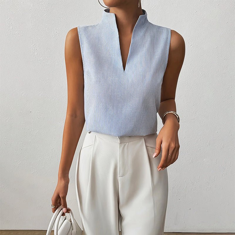 Ines | Women's Sleeveless Blouse with Plissé Split Mock-Neck Design