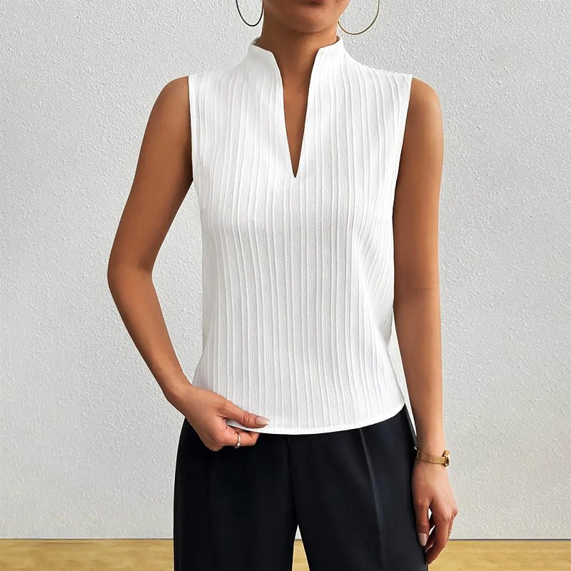 Ines | Women's Sleeveless Blouse with Plissé Split Mock-Neck Design