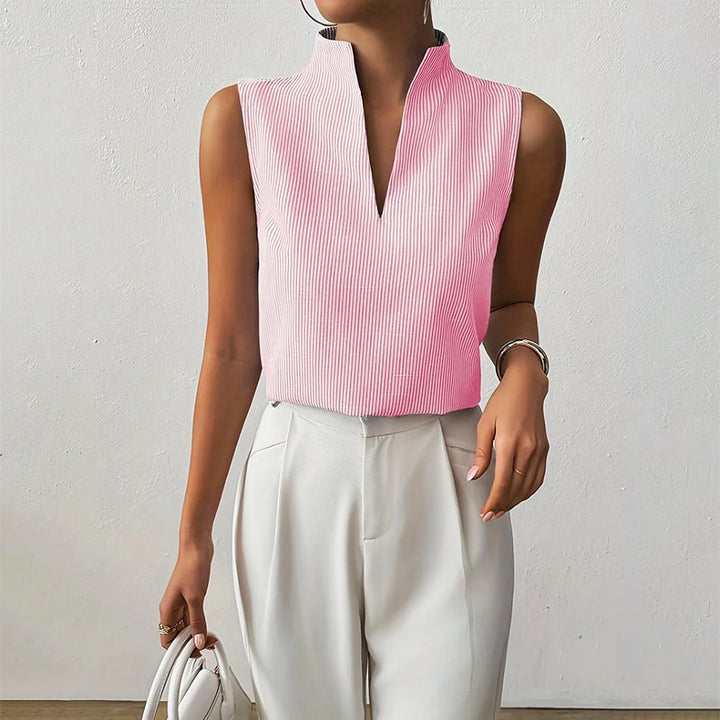 Ines | Women's Sleeveless Blouse with Plissé Split Mock-Neck Design